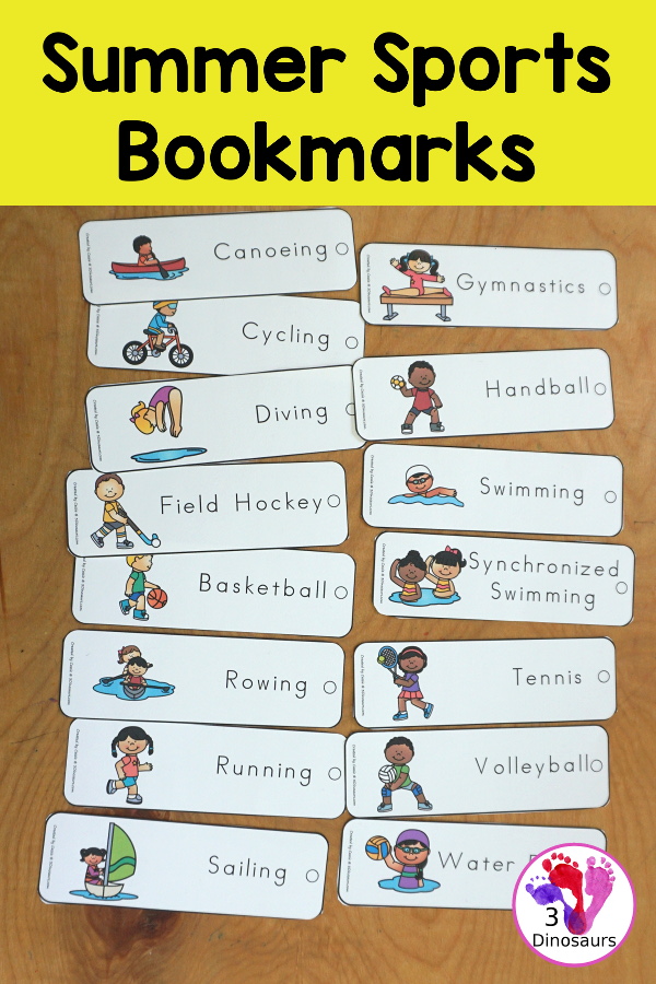 Free Summer Sports Bookmarks - 4 pages of bookmarks with 15 summer sport themes. You have two types of fonts for the bookmarks. - 3Dinosaurs.com