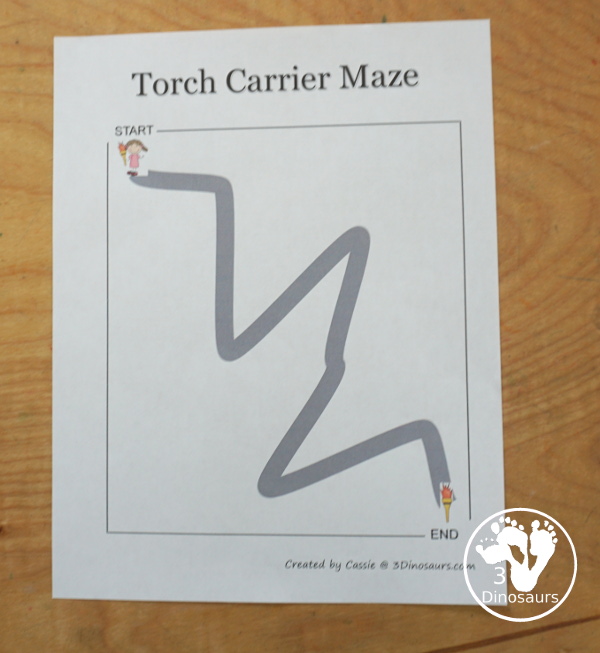 Free Torch Maze Printables for the Summer Games - 6 fun mazes to use with kids for fun fine motor for the summer games - 3Dinosaurs.com