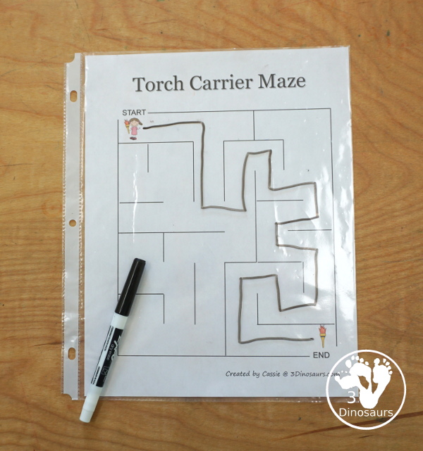 Free Torch Maze Printables for the Summer Games - 6 fun mazes to use with kids for fun fine motor for the summer games - 3Dinosaurs.com