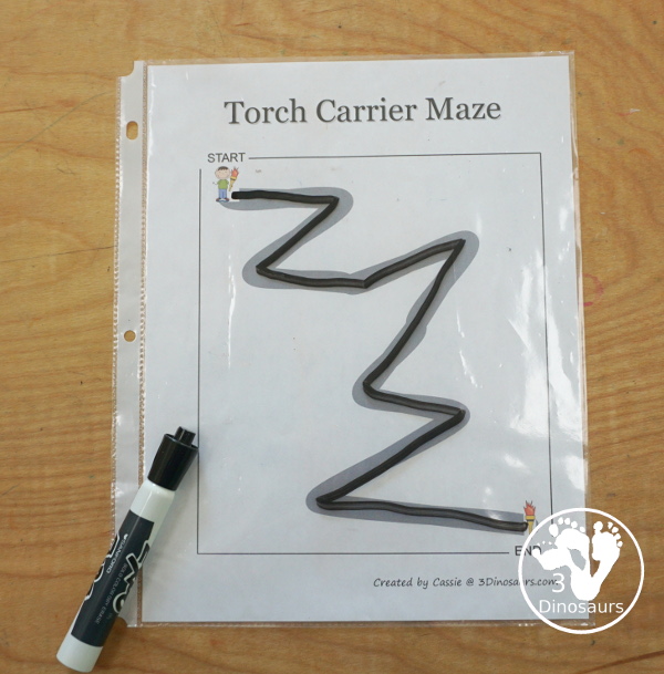 Free Torch Maze Printables for the Summer Games - 6 fun mazes to use with kids for fun fine motor for the summer games - 3Dinosaurs.com