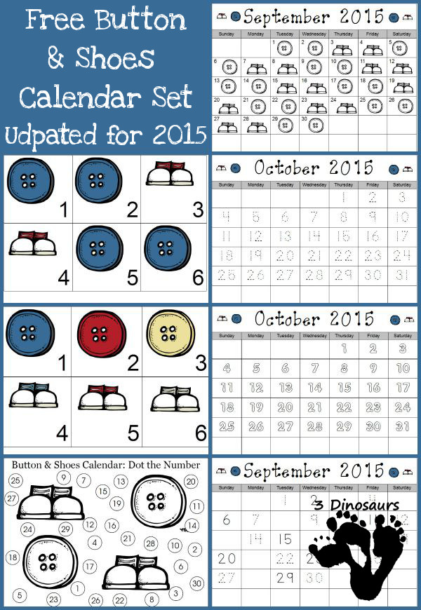 Free 2014 Shoes & Button Calender Set - September & October 2015 - 3Dinosaurs.com