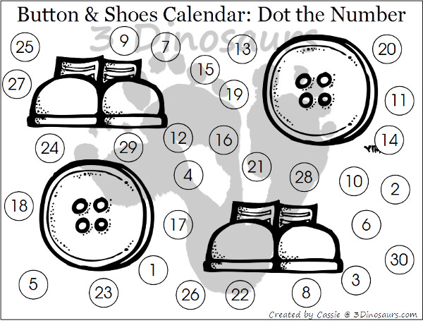 Free 2014 Shoes & Button Calender Set - September & October 2015 - 3Dinosaurs.com