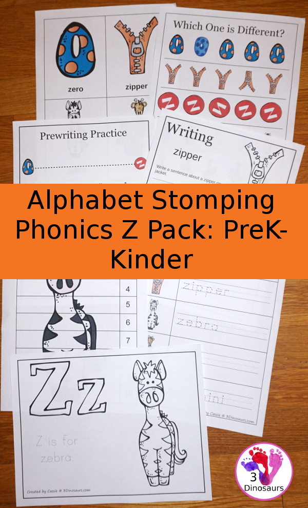 Free Alphabet Stomping Phonics Z Prek-Kinder Pack - 30 pages of printables - 3Dinosaurs.com