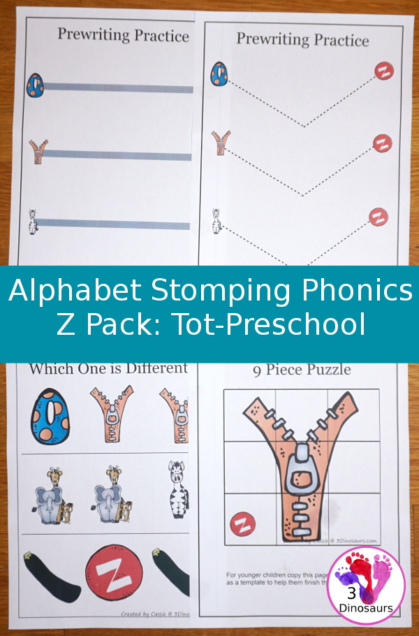 Free Alphabet Stomping Phonics Z Tot-Preschool Pack - 20 pages of printables - 3Dinosaurs.com