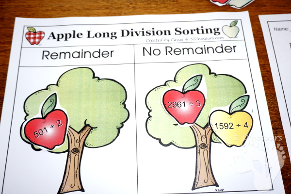 Free Apple Long Division Sorting Activity - sorting page, 12 apples and long division writing page - 3Dinosaurs.com