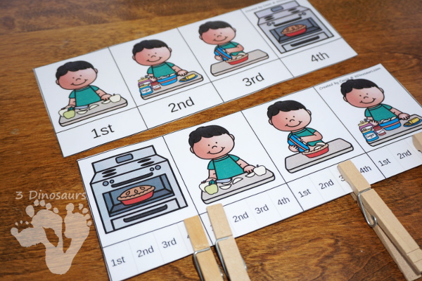 Free Apple Pie Sequencing Clip Cards - 4 clip cards, sequencing cards and a writing page - 3Dinosaurs.com