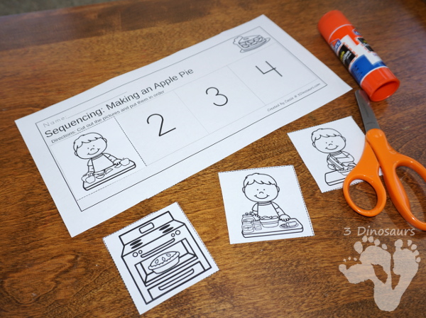 Free Apple Pie Sequencing Clip Cards - 4 clip cards, sequencing cards and a writing page - 3Dinosaurs.com