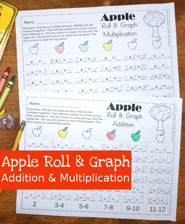 Easy to Use Free Apple Roll & Graph Math: for addition and multiplication - 3Dinosaurs.com