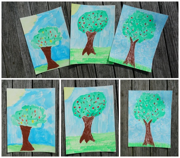 Fun Apple Trees: Watercolor and Oil Pastels - easy to do watercolor painting activity for kids of different ages - 3Dinosaurs.com