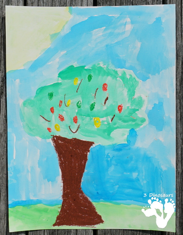 Fun Apple Trees: Watercolor and Oil Pastels - easy to do watercolor painting activity for kids of different ages - 3Dinosaurs.com