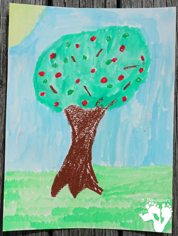 Fun Apple Trees: Watercolor and Oil Pastels - easy to do watercolor painting activity for kids of different ages - 3Dinosaurs.com