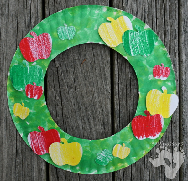 Fun Apple Themed Wreath: with oil pastels and apple punches - easy to do wreath that is great for fall  - 3Dinosaurs.com