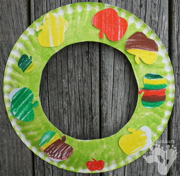 Fun Apple Themed Wreath: with oil pastels and apple punches - easy to do wreath that is great for fall  - 3Dinosaurs.com