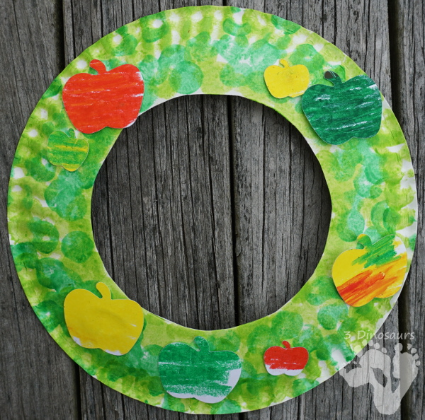 Fun Apple Themed Wreath: with oil pastels and apple punches - easy to do wreath that is great for fall  - 3Dinosaurs.com