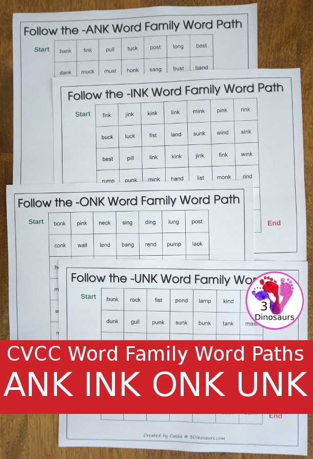 Free CVCC Word Family Word Paths: ANK INK ONK & UNK - 3Dinosaurs.com