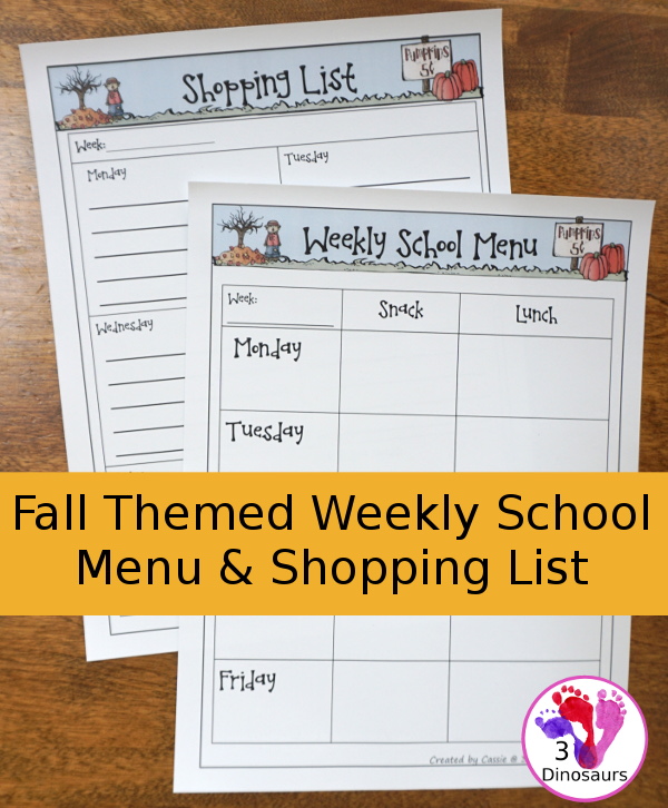 Free Fall Theme School Lunch Menus and shopping list with monthly goals - 3Dinosaurs.com