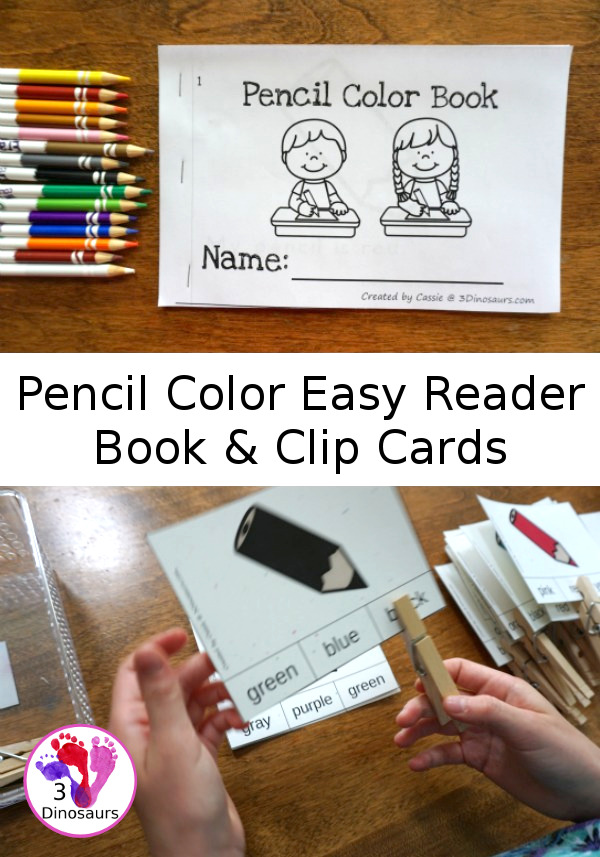 Free Pencil Color Themed Clip Cards & Easy Reader Book - 11 clip cards with matching easy reader book - 3Dinosaurs.com