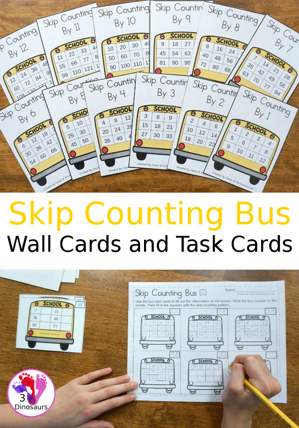 Skip Counting: Bus Theme Task Cards - 12 wall cards with matching task cards and worksheets - 3Dinosaurs.com #taskcards #tpt #skipcounting #backtoschool