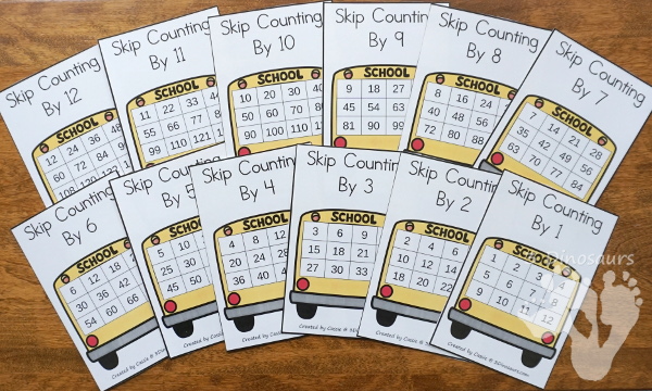 Skip Counting: Bus Theme Task Cards - 12 wall cards with matching task cards and worksheets - 3Dinosaurs.com #taskcards #tpt #skipcounting #backtoschool