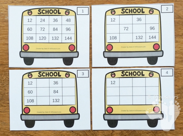 Skip Counting: Bus Theme Task Cards - 12 wall cards with matching task cards and worksheets - 3Dinosaurs.com #taskcards #tpt #skipcounting #backtoschool