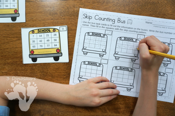 Skip Counting: Bus Theme Task Cards - 12 wall cards with matching task cards and worksheets - 3Dinosaurs.com #taskcards #tpt #skipcounting #backtoschool