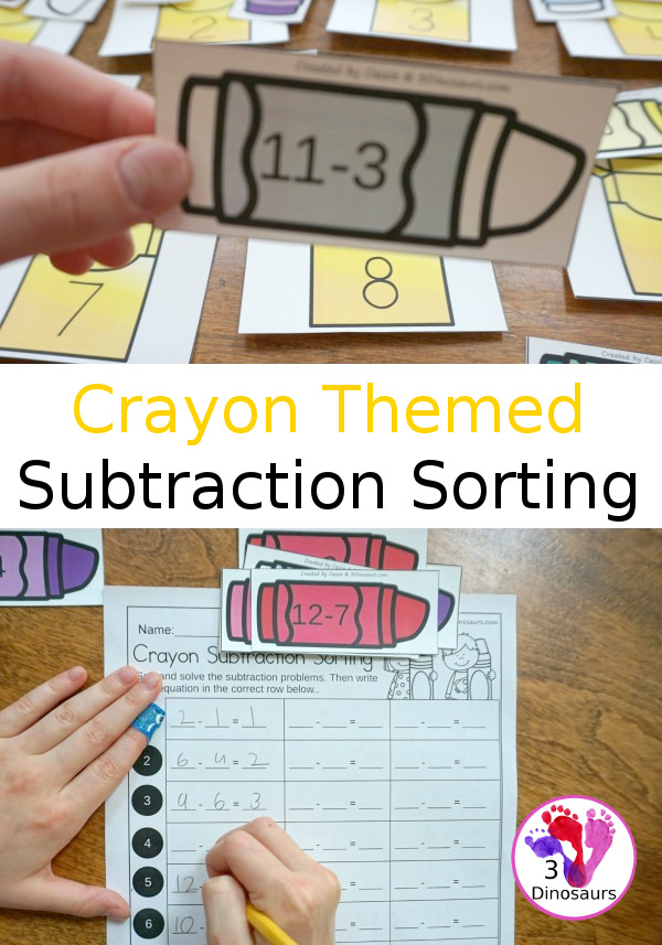 Free Crayon Themed Subtraction Sorting - working on 3 equations for each number on the crayon box with a recording worksheet - 3Dinosaurs.com