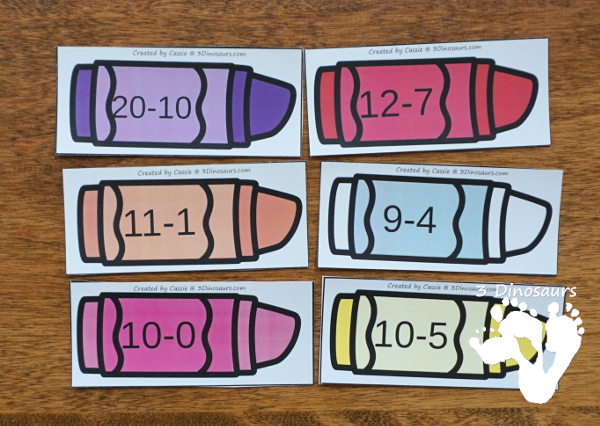 Free Crayon Themed Subtraction Sorting - working on 3 equations for each number on the crayon box with a recording worksheet - 3Dinosaurs.com