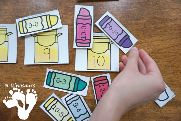 Free Crayon Themed Subtraction Sorting - working on 3 equations for each number on the crayon box with a recording worksheet - 3Dinosaurs.com