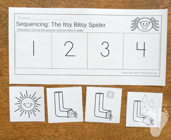 Free Sequencing Mini: Itsy Bitsy Spider -  with clip cards, 3 part cards, cut & paste and  writing worksheet  - 3Dinosaurs.com #freeprintable #sequencingforkids #3dinosaurs 