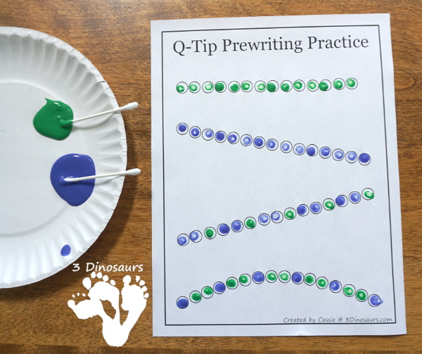 Free Q-Tip Prewriting Printables - 10 pages of fine motor work for kids to work on prewriting with q-tip - 3Dinosaurs.com