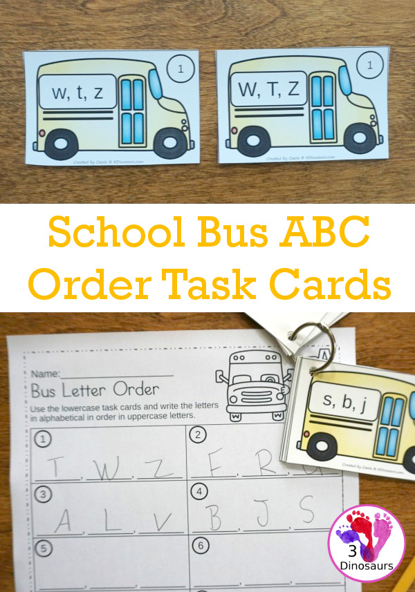 Free School Bus Theme ABC Order Task Cards - 2 set of cards with 3 recording sheet options to use to work on alphabet letter order - 3Dinosaurs.com