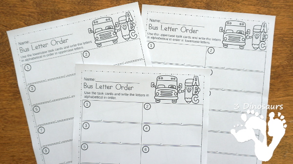 School Bus Theme ABC Order Task Cards - 2 set of cards with 3 recording sheet options to use to work on alphabet letter order - 3Dinosaurs.com