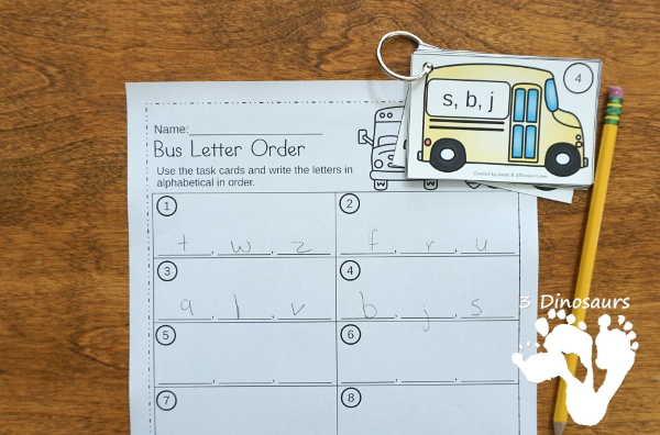 School Bus Theme ABC Order Task Cards - 2 set of cards with 3 recording sheet options to use to work on alphabet letter order - 3Dinosaurs.com