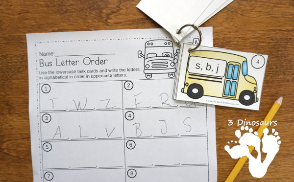 School Bus Theme ABC Order Task Cards - 2 set of cards with 3 recording sheet options to use to work on alphabet letter order - 3Dinosaurs.com