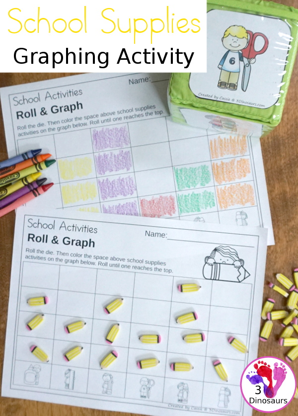 Free Back to School Supplies Themed Graphing - with 1 graphing sheet and 2 options for the dice. - 3Dinosaurs.com