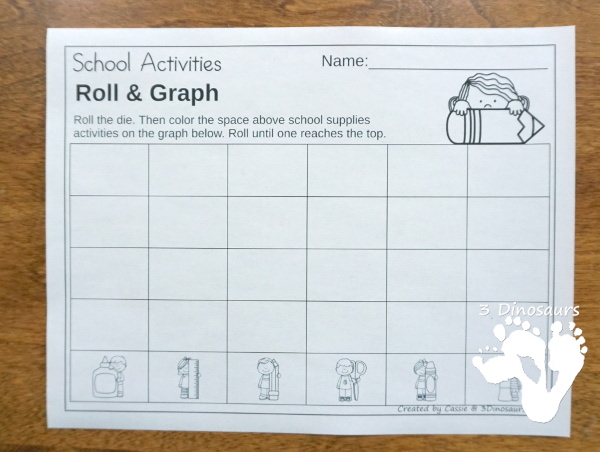 Free Back to School Supplies Themed Graphing - with 1 graphing sheet and 2 options for the dice. - 3Dinosaurs.com