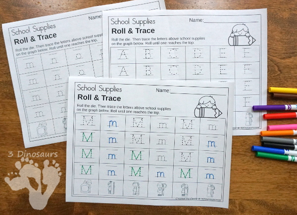 Back to School Supplies Themed Graphing - with ABCs, Numbers, and Shape graphing sheet options and 2 options for the dice. - 3Dinosaurs.com