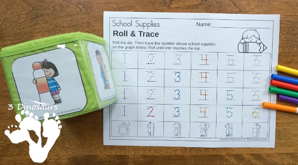 Back to School Supplies Themed Graphing - with ABCs, Numbers, and Shape graphing sheet options and 2 options for the dice. - 3Dinosaurs.com