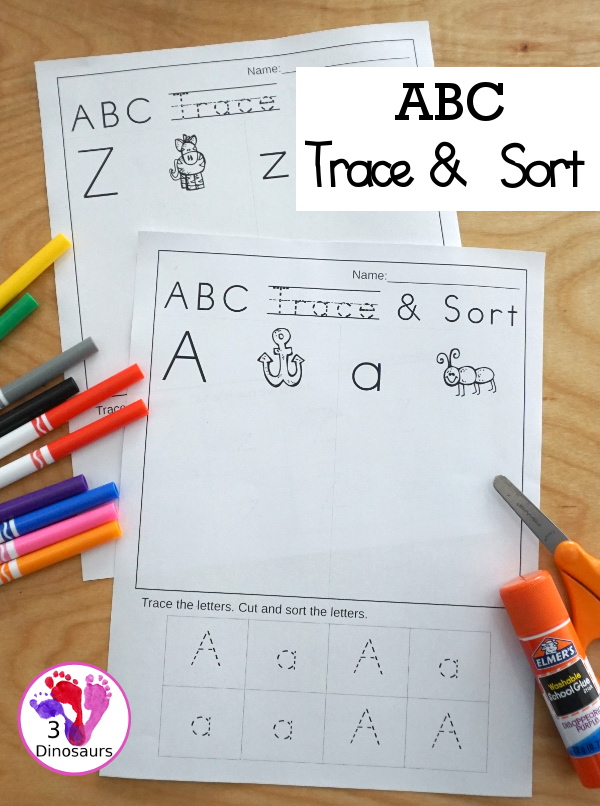 ABC Trace & Sort - works on tracing uppercase and lowercase letters and sorting them with all 26 letters of the alphabet - 3Dinosaurs.com