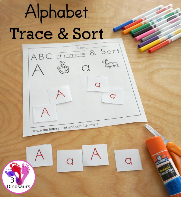 ABC Trace & Sort - works on tracing uppercase and lowercase letters and sorting them with all 26 letters of the alphabet - 3Dinosaurs.com