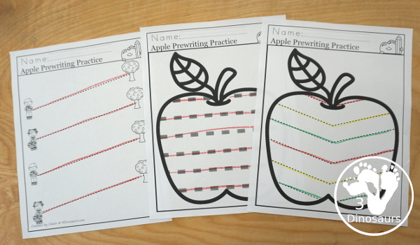 Apple Activity Pack: Prewriting - with prewriting lines in apples, and a no-prep page with kids and apples trees  - 3Dinosaurs.com