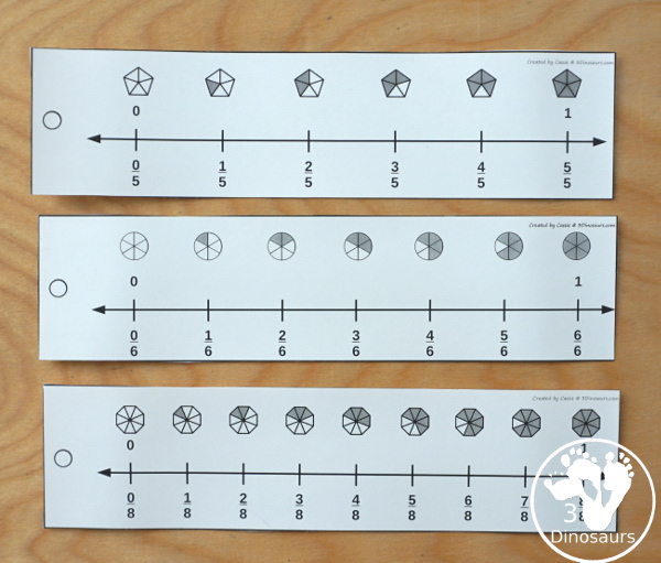Fraction Number Line Bookmarks - a great hands-on math tool to help kids see fractions on a number line. You have 2, 3, 4, 5, 6, 8, 10, 12 for fraction numbers - 3Dinosaurs.com