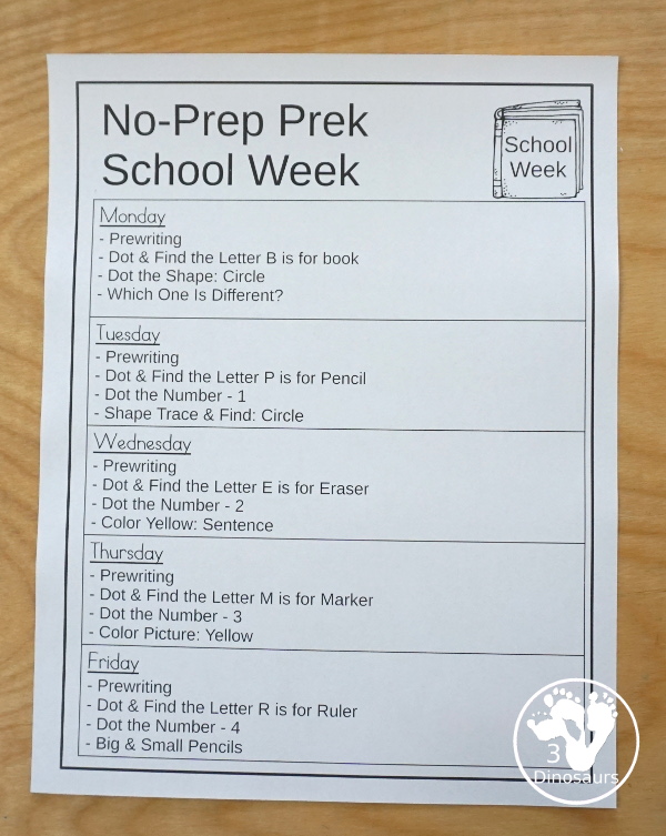 No-Prep & Hands-On School Themed Weekly Packs for PreK  with 5 days of activities to do  with hands-on and no-prep that match up for each day - 3Dinosaurs.com