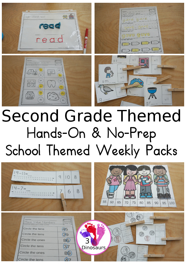 No-Prep & Hands-On School Themed Weekly Packs for Second Grade with 5 days of activities to do  with hands-on and no-prep that match up for each day  with addition, subtraction, skip counting, sight words, reading strips, CVCC word review, and more - 3Dinosaurs.com