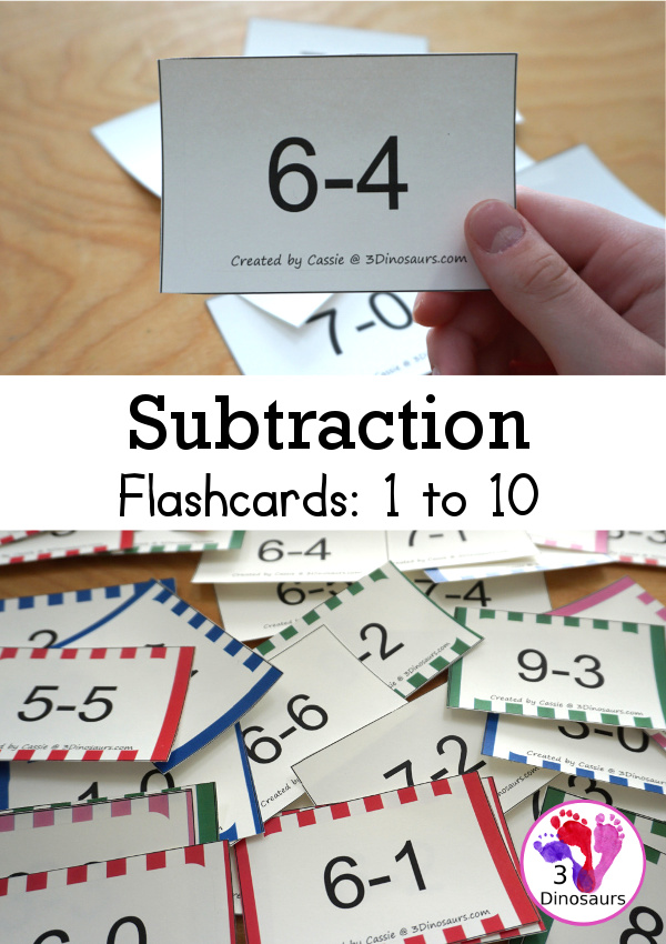 Free Subtraction Flashcards: 1 to 10 for kindergarten, first grade, and second grade with ways to use with and five color options - 3Dinosaurs.com