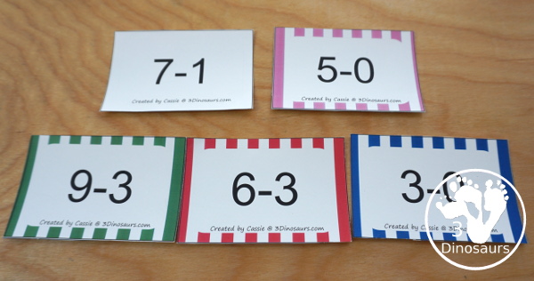 Free Subtraction Flashcards: 1 to 10 for kindergarten, first grade, and second grade with ways to use with and five color options - 3Dinosaurs.com