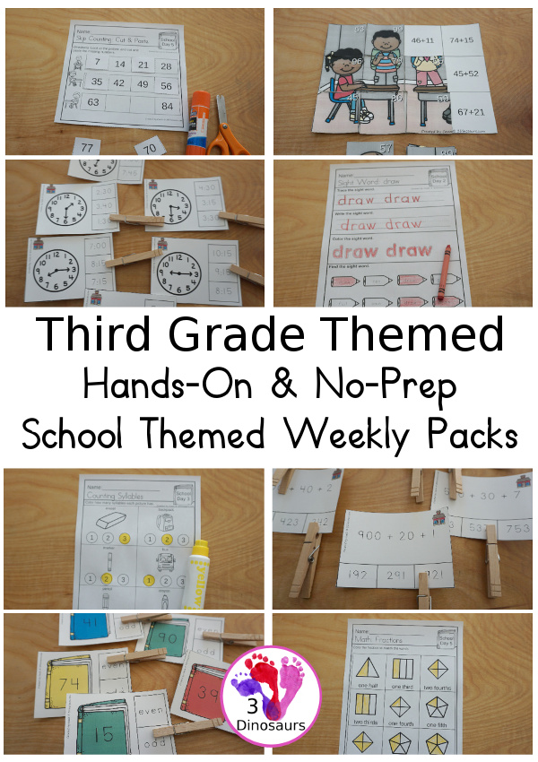 No-Prep & Hands-On School Themed Weekly Packs for Third Grade with 5 days of activities to do  with hands-on and no-prep that match up for each day with addition, subtraction, fractions, skip counting, sight words, repeat addition, CVCe word review, and more - 3Dinosaurs.com