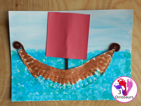 Easy to Make Viking Ship with Viking Ships at Sunrise - with a paper plate, dot markers, and watercolors to make this fun craft of a Viking Ship for the Magic Tree House Book- 3Dinosaurs.com