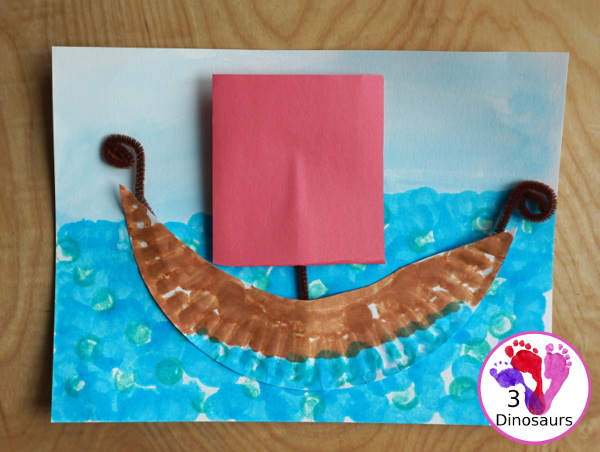 Easy to Make Viking Ship with Viking Ships at Sunrise - with paper plate, dot markers and watercolors to make this fun craft of a Viking Ship for the Magic Tree House Book- 3Dinosaurs.com