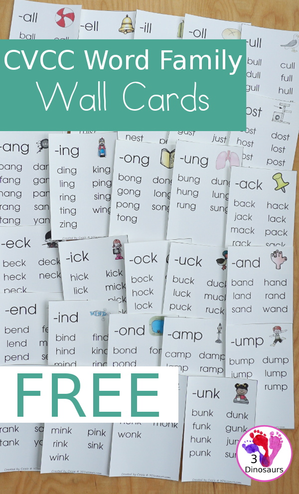 Free CVCC Word Family Wall Cards - has 28 CVCC word endings with a picture in the word family and examples of the CVCC words for that word family- 3Dinosaurs.com